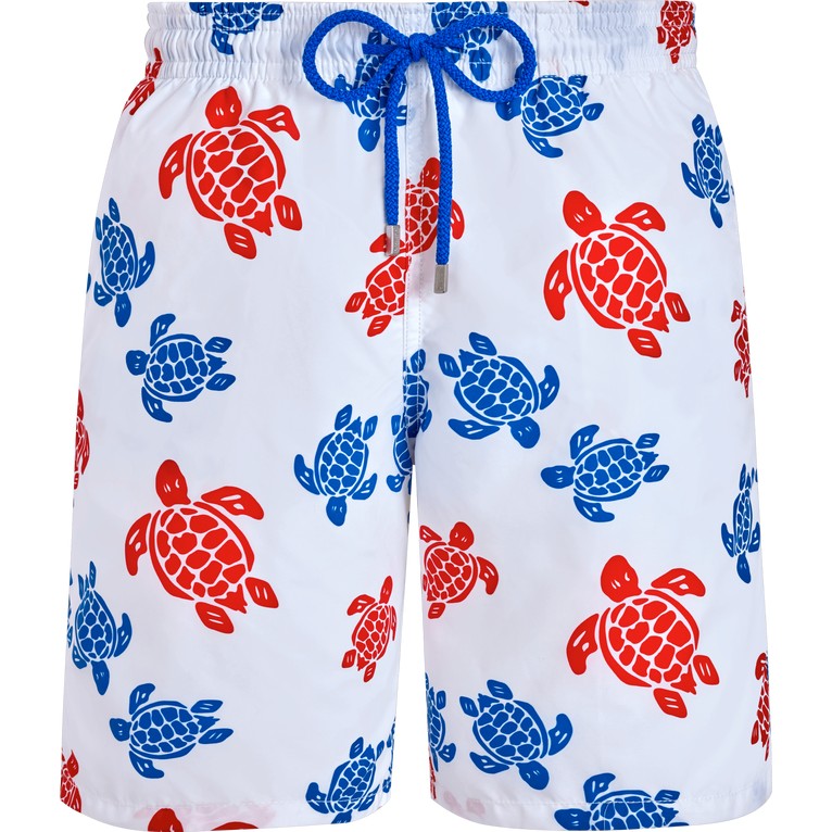 White long swim shorts featuring a vibrant multicolored turtle print in red and blue, with an adjustable blue drawstring and a lightweight material. Size L.