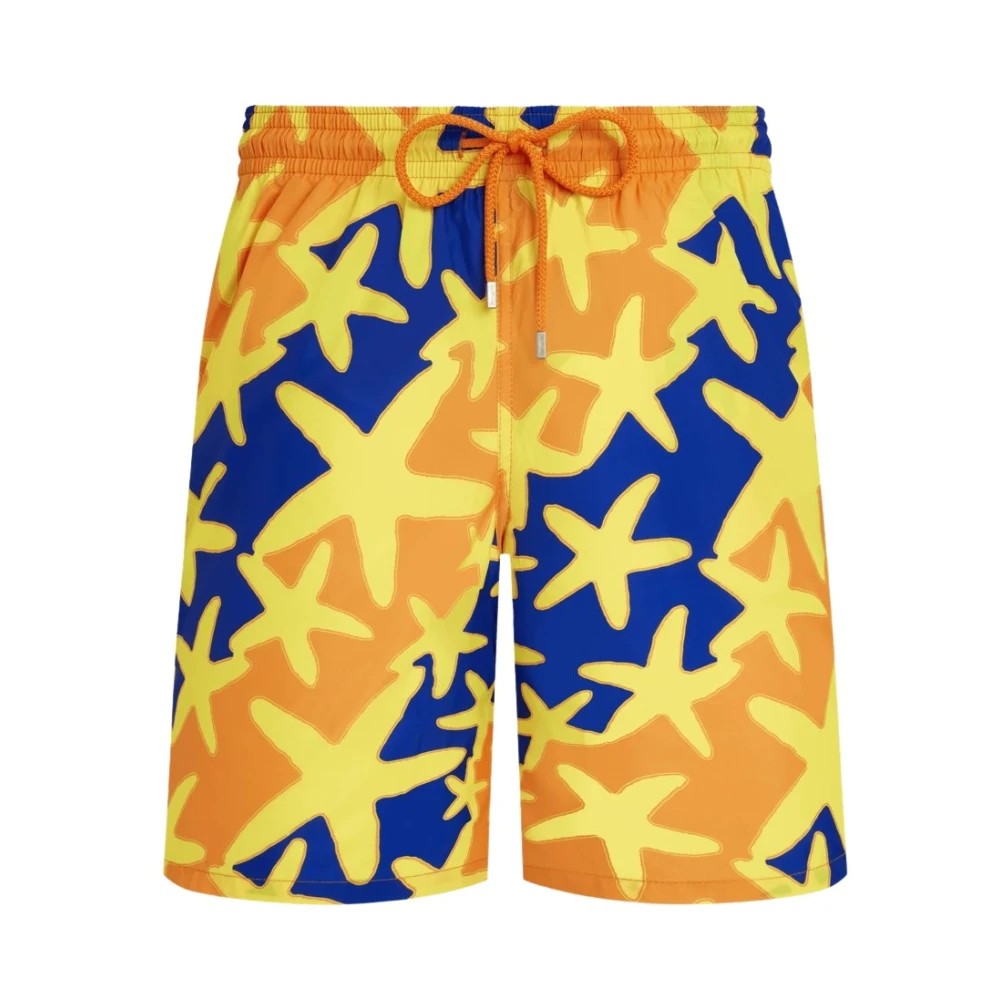 Orange swim shorts featuring a vibrant starfish pattern in yellow and blue, made from ultra-light, packable material, with an elastic waistband and drawstring, size XL.