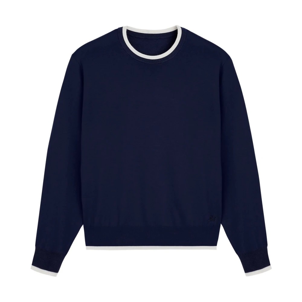 Navy blue crewneck sweater made from merino wool, cashmere, and silk, featuring contrasting white ribbed cuffs and neckline, in size M by Vilebrequin.