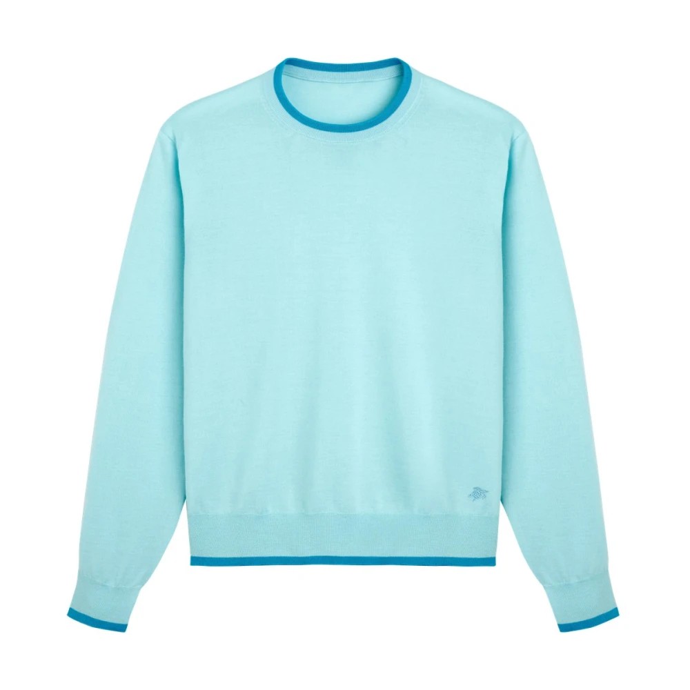 Light blue crewneck sweater made from merino wool, cashmere, and silk, featuring contrasting dark blue trim and a subtle logo at the hem, available in size XXL.