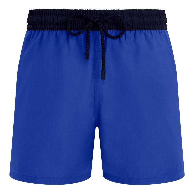 Bicolor swim shorts in vibrant blue with a black elastic waistband and drawstring, made from Merino wool Super 120's, size L by Vilebrequin.