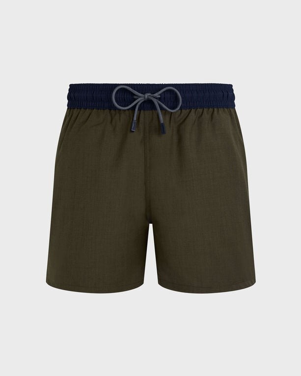 Bicolor swim shorts in green merino wool with a navy elastic waistband and drawstring, featuring a classic cut and lightweight design, size S.