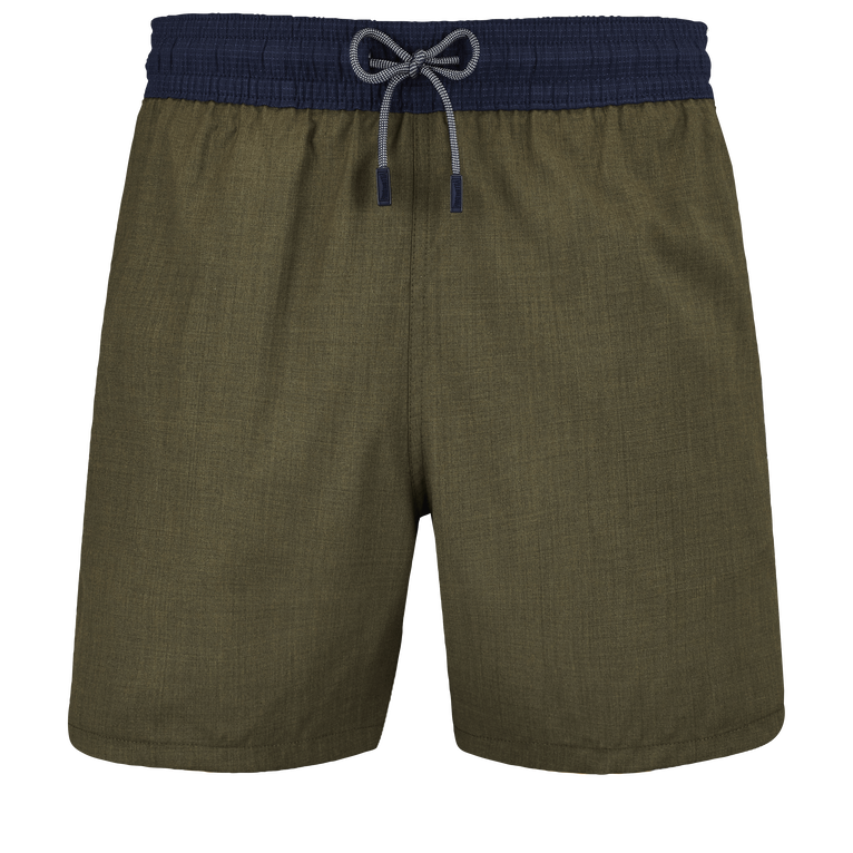 Bicolor green swim shorts made from Merino wool, featuring an elastic waistband with a navy drawstring and a textured finish, designed by Vilebrequin in size XL.