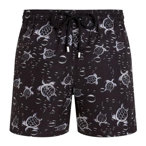 Black micro-perforated swim shorts featuring a 3D bubble turtle pattern, ultra-lightweight and packable design, with an elastic waistband and drawstring.