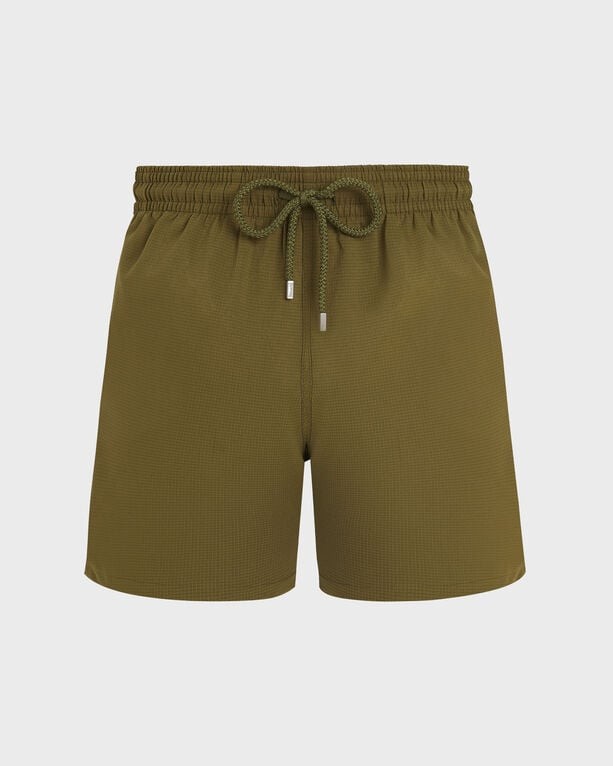 Green micro-perforated swim shorts by Vilebrequin, featuring an elastic waistband with a drawstring, lightweight material, and a solid design, size XXL.