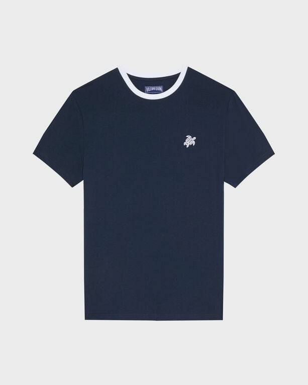 Men's organic cotton bicolor T-shirt in navy blue with a contrasting white collar and a small embroidered logo on the chest, available in size S.
