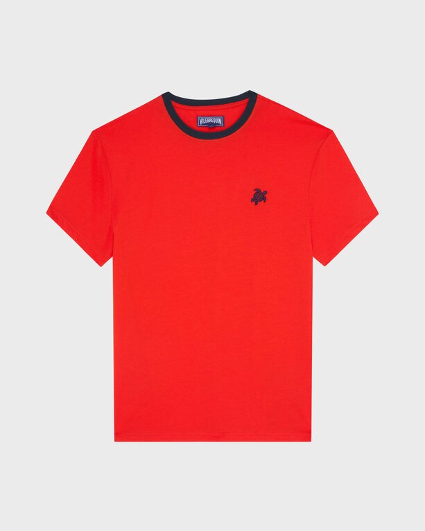 Red organic cotton bicolor T-shirt by Vilebrequin, featuring a navy collar and a small logo on the chest, available in size XXL.