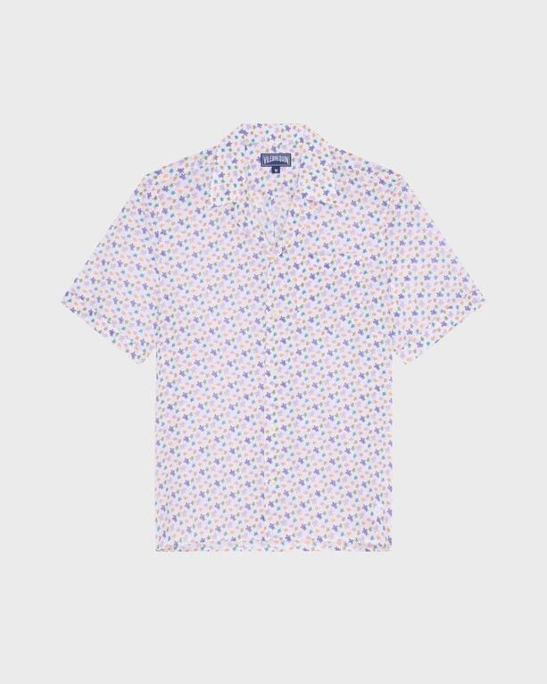 Short sleeve multicolor cotton bowling shirt featuring a micro turtle pattern, with a light background and vibrant floral accents, size L by Vilebrequin.