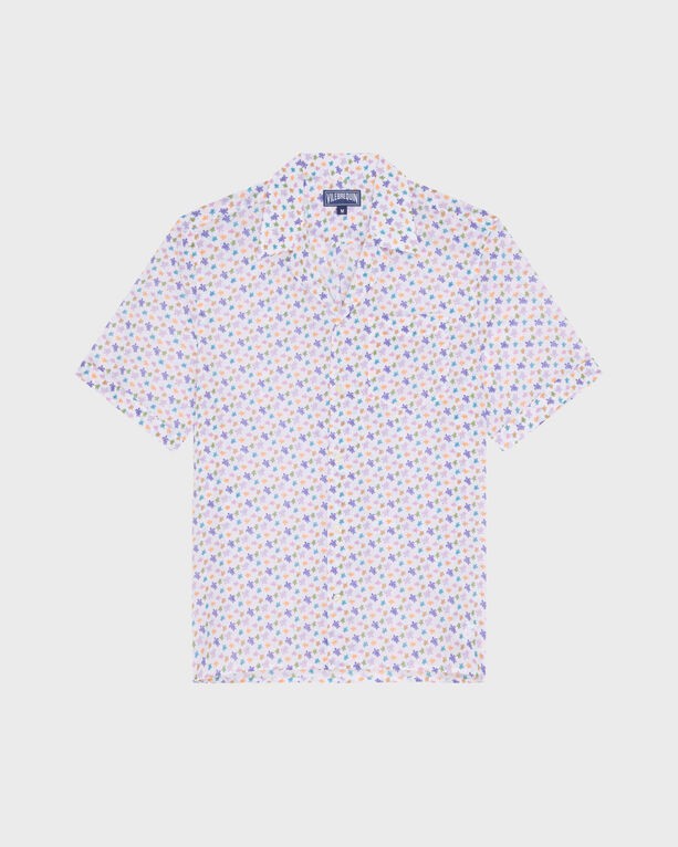 Multicolor short sleeve cotton bowling shirt featuring a micro turtle print, with a light background and a relaxed fit, designed for men in size S.