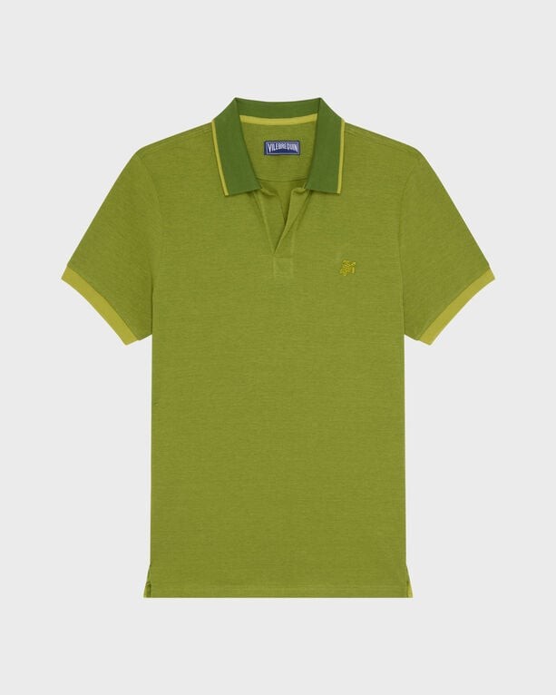 Green organic cotton polo shirt by Vilebrequin, featuring a classic collar, short sleeves, and contrasting yellow trim, available in size XXXL.