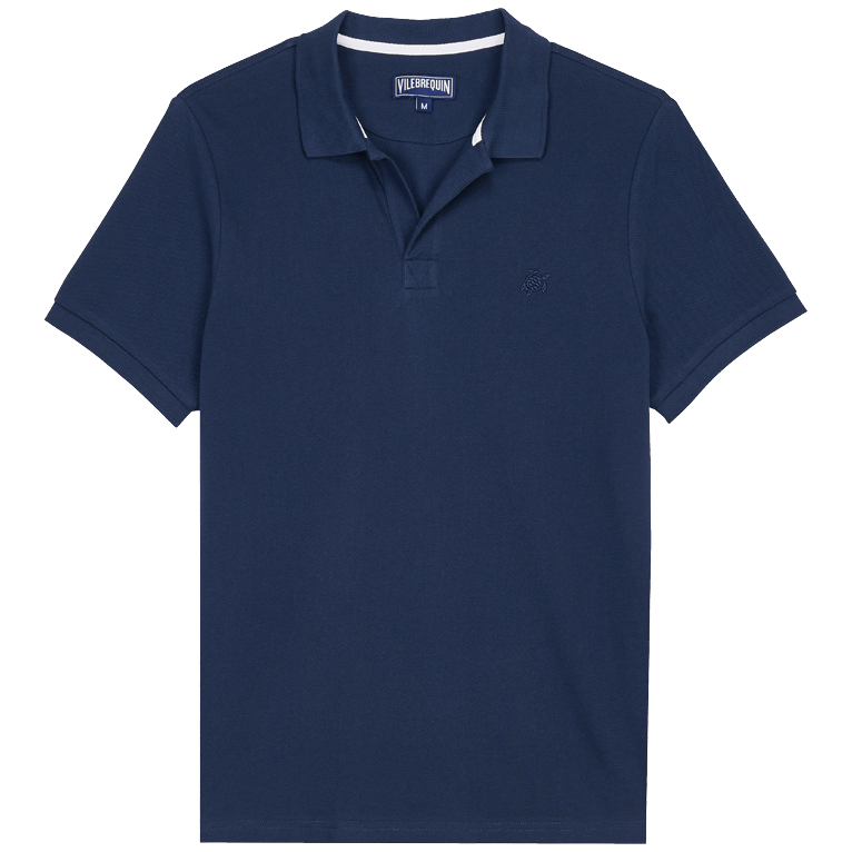 Solid blue organic cotton pique polo shirt with a classic collar, short sleeves, and a subtle embroidered logo on the chest, in size XL.
