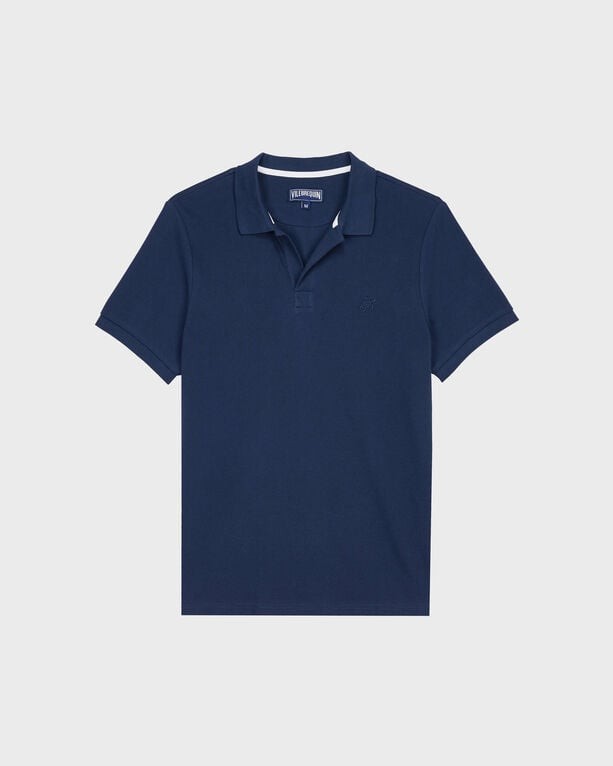 Men's solid blue polo shirt made from organic cotton pique, featuring a classic collar, short sleeves, and a subtle logo on the chest, available in size 6XL.