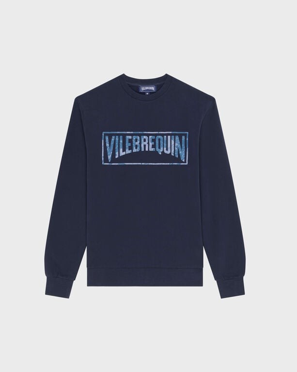 Blue organic cotton sweater featuring a flocked Vilebrequin logo across the front, with long sleeves and a crew neckline, available in size S.