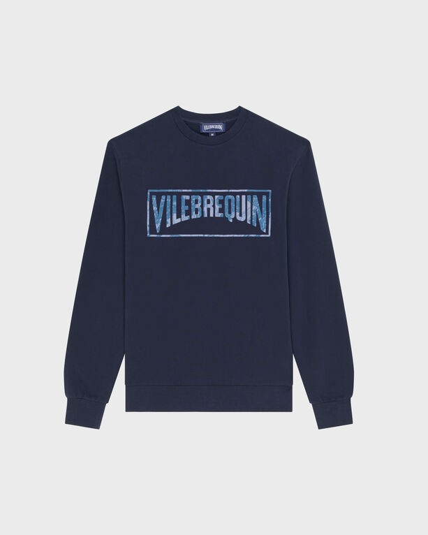 Blue organic cotton sweatshirt featuring a flocked Vilebrequin logo in a rectangular design, with long sleeves and a crew neckline, size XL.