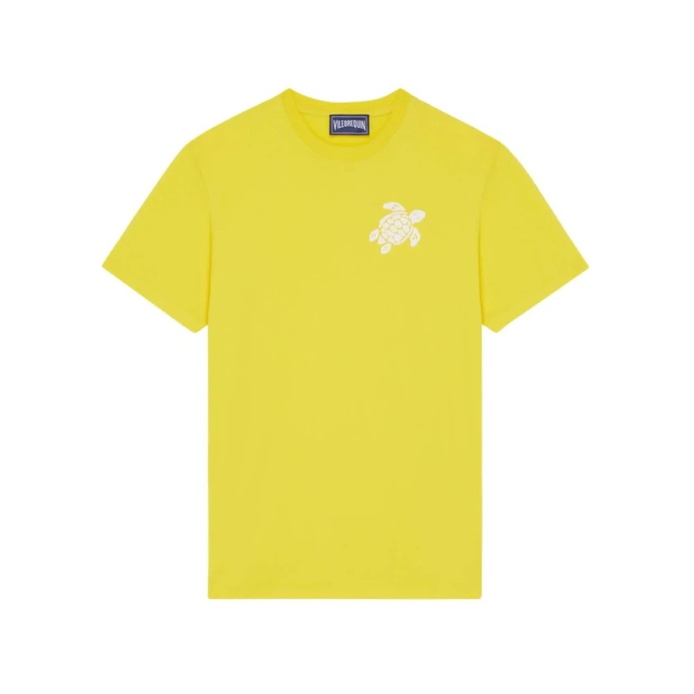 Bright yellow organic cotton T-shirt featuring a large white turtle embroidery on the left chest, designed by Vilebrequin, available in size XXL.