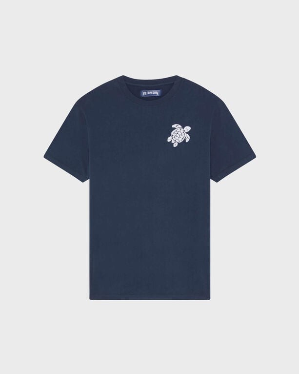 Blue organic cotton t-shirt featuring a large white turtle embroidery on the front, with a classic crew neckline and short sleeves, available in size XL.