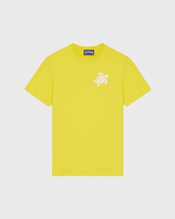 Yellow organic cotton T-shirt featuring a large white turtle embroidery on the chest, with a classic crew neck and short sleeves, available in size XXXL.