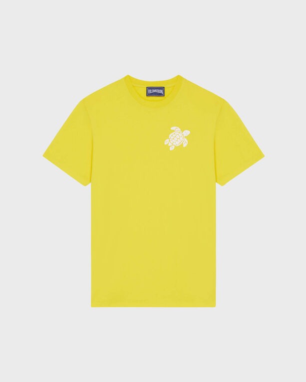 Bright yellow organic cotton T-shirt featuring a large white turtle embroidery on the chest, with a classic crew neck and short sleeves, available in size S.