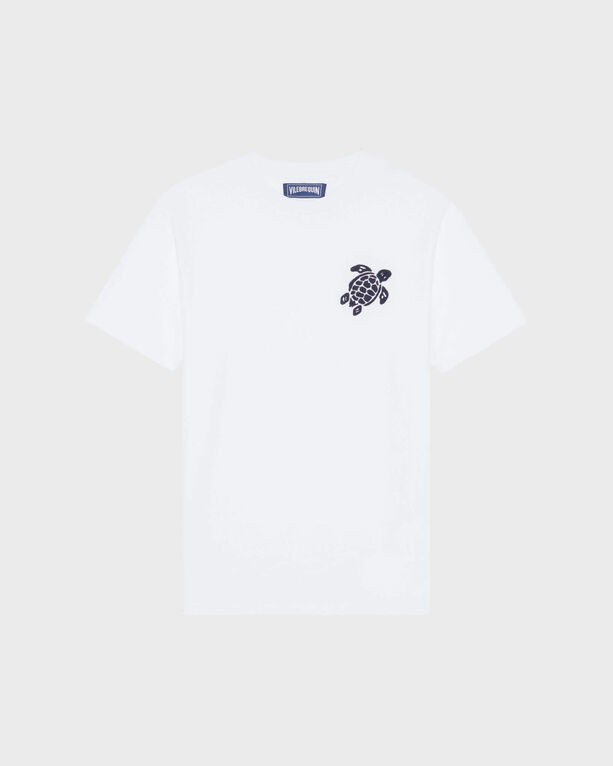 White organic cotton T-shirt featuring a large black turtle embroidery on the left chest, with a relaxed fit and short sleeves, size M.