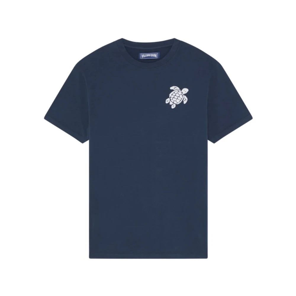 Navy blue organic cotton T-shirt featuring a large white turtle embroidery on the chest, short sleeves, and a classic crew neckline, size M.