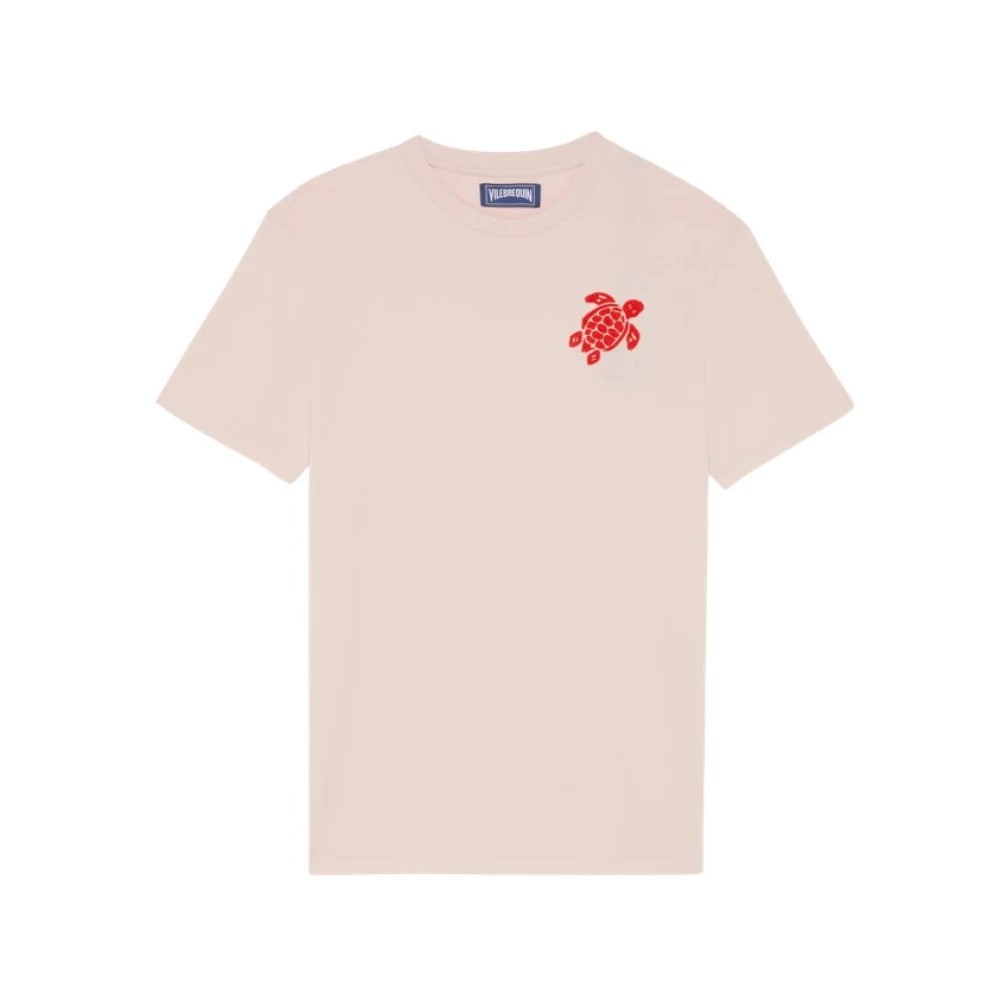 Light pink organic cotton T-shirt featuring an embroidered red turtle design on the left chest, with a classic crew neckline and short sleeves, size M.