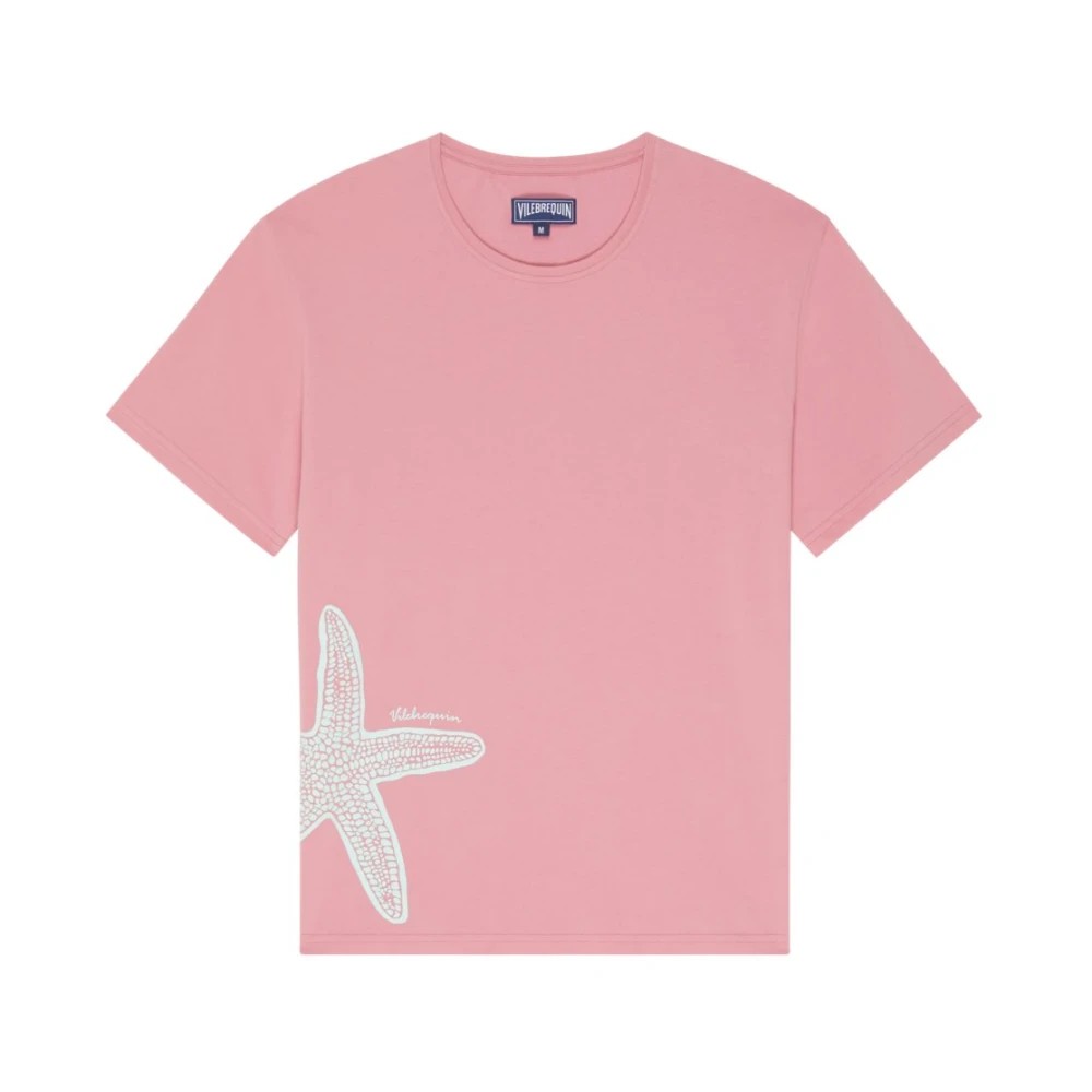 Pink organic cotton T-shirt featuring a large white starfish design on the front, short sleeves, and a relaxed fit, labeled as size XL by Vilebrequin.