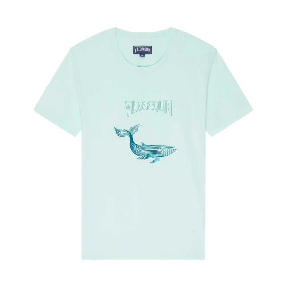 Light blue organic cotton T-shirt featuring a whale graphic and "Vilebrequin" text, with a classic crew neck design, size M.