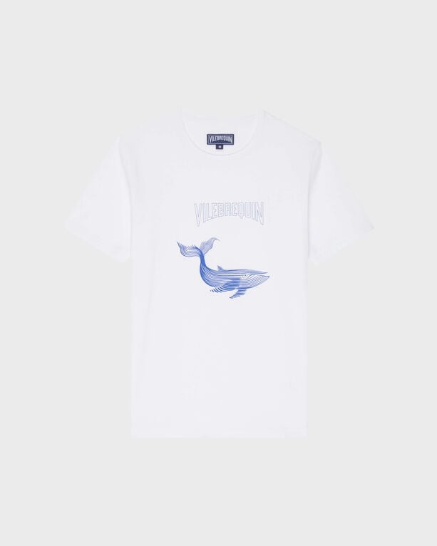 White organic cotton T-shirt featuring a blue whale graphic and "Vilebrequin" text, designed for men, size L.