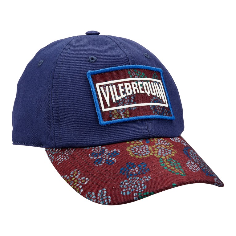 Blue cotton cap featuring a maroon printed brim with a floral mosaic design and a prominent Vilebrequin logo patch on the front. Size OSFA.