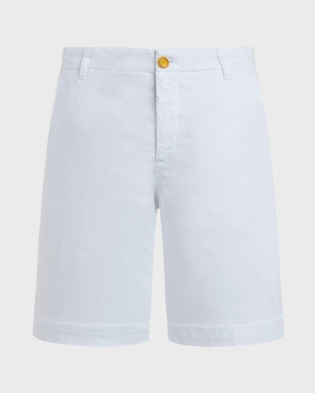 White satin cotton Bermuda shorts by Vilebrequin, featuring a button closure, side pockets, and a rolled hem, in size XL.