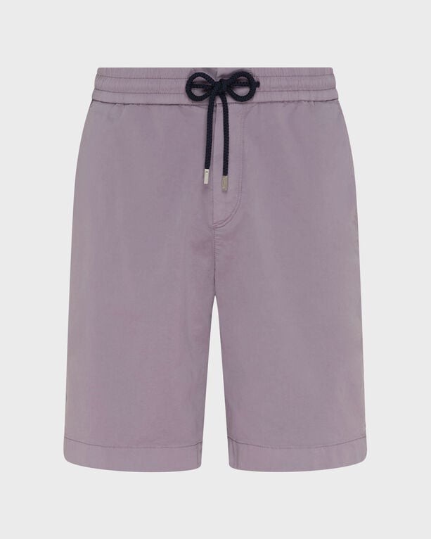 Purple satin cotton Bermuda shorts with an elastic waistband and drawstring, featuring a solid design and rolled cuffs, labeled as size S.