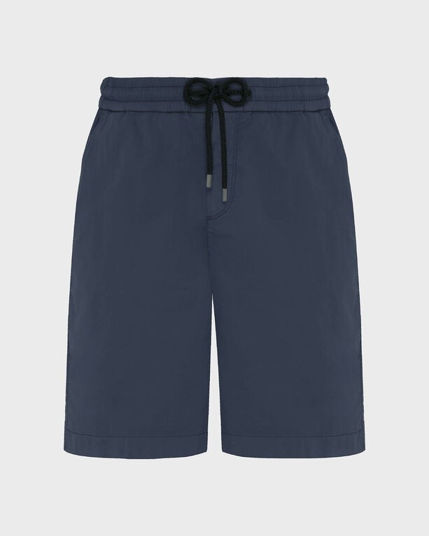 Men's blue satin cotton Bermuda shorts with an elastic waist, drawstring closure, and a solid design, available in size XL by Vilebrequin.