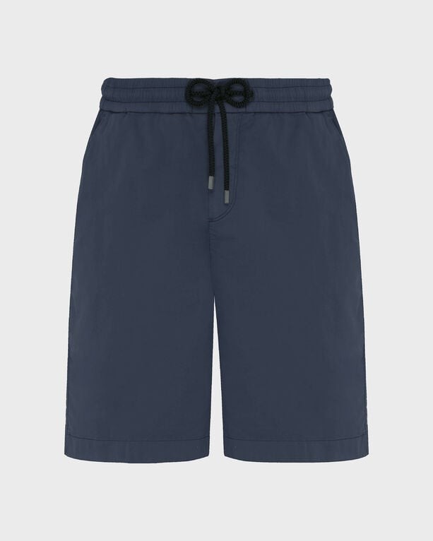 Men's blue satin cotton Bermuda shorts with an elastic waist and drawstring, featuring a solid design and a relaxed fit, size M.