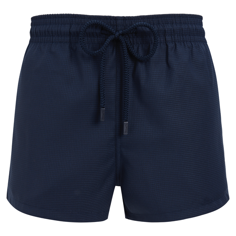 Blue ultrafine merino wool swim shorts by Vilebrequin, featuring a textured micro check pattern, elastic waistband with drawstring, and a relaxed fit, size XXL.