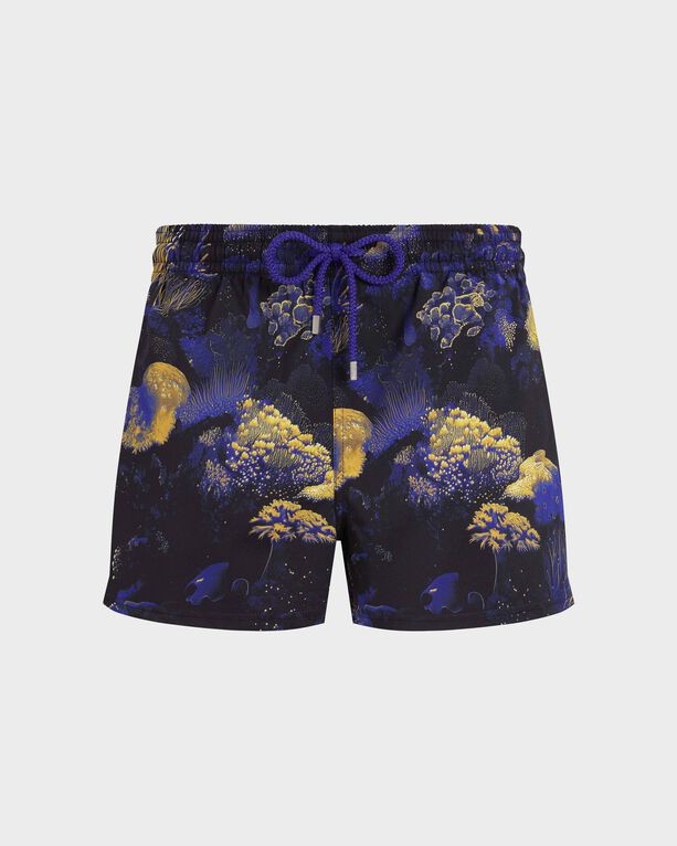 Men's black swim shorts featuring a vibrant coral reef print in blue and yellow, made from stretch material with an elastic waistband and drawstring. Size M.