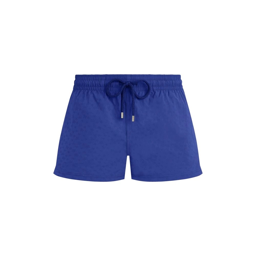 Blue jacquard swim shorts featuring turtle patterns, an elastic waistband with a drawstring, and a lightweight material, designed for men in size L by Vilebrequin.