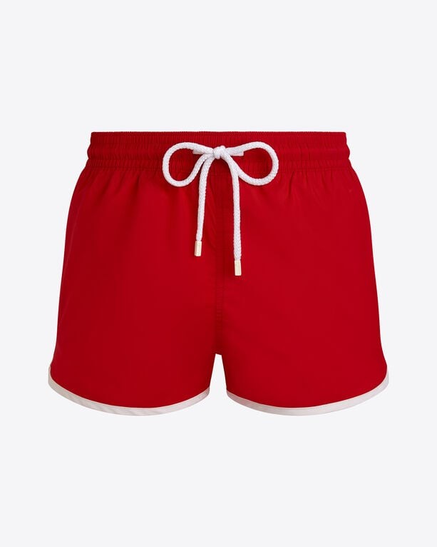 Red ultra-light swim shorts by Vilebrequin, featuring a white drawstring, contrasting white hem, and a relaxed fit, available in size XXL.