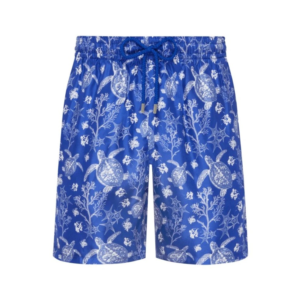 Blue silk Bermuda shorts featuring an X-ray turtle print with floral accents, elastic waistband, and drawstring, designed by Vilebrequin in size M.