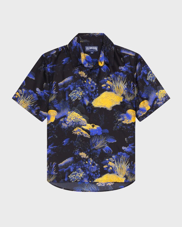 Short-sleeve black silk bowling shirt featuring a vibrant coral reef pattern in blue and yellow, designed by Vilebrequin, available in size XXXL.