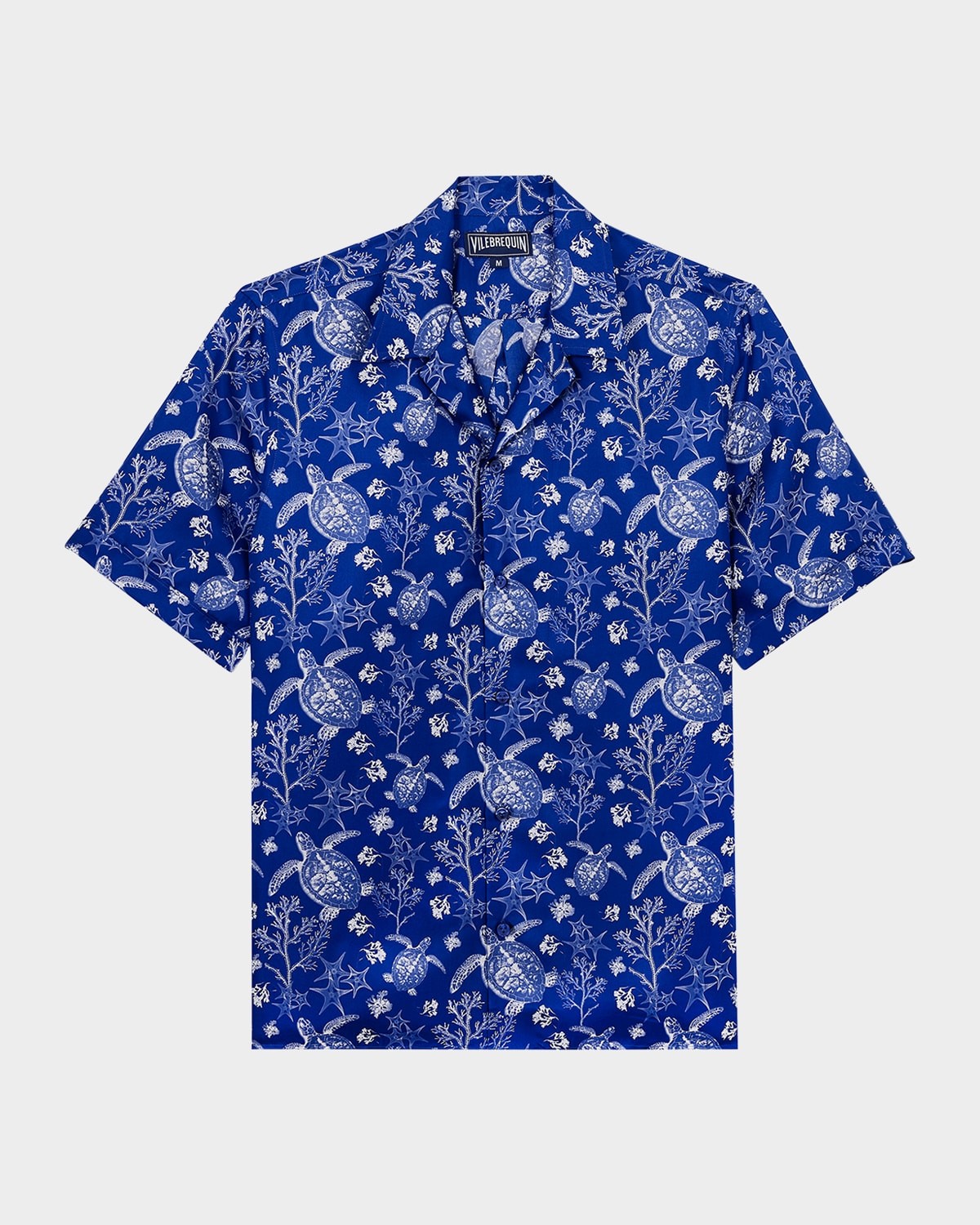 Blue silk bowling shirt featuring an X-ray turtle print with white floral accents, short sleeves, and a relaxed collar, size S by Vilebrequin.