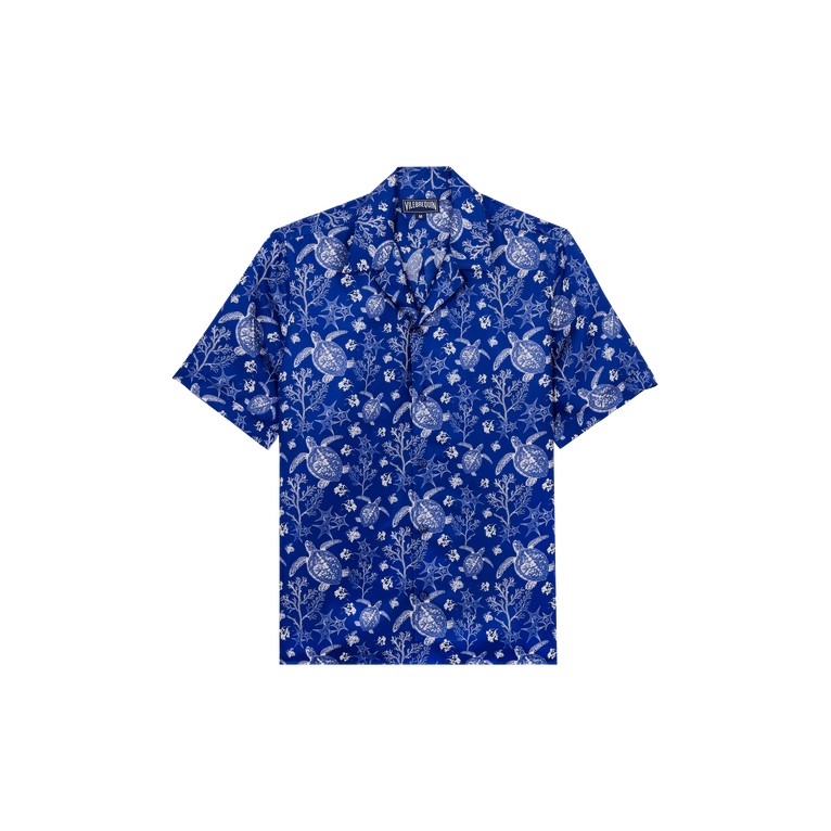 Short-sleeved blue silk bowling shirt featuring a vibrant X-ray turtle and floral print, designed by Vilebrequin in size L.