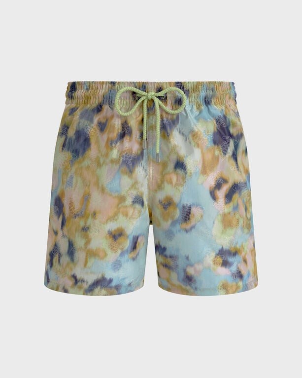 Men's silk swim shorts in a blurred nymphea pattern featuring shades of green, blue, and beige, with an elastic waistband and drawstring, size XL.