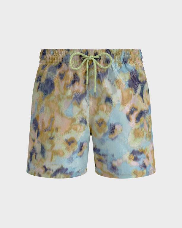 Green silk swim shorts featuring a blurred Nymphea print in pastel shades, with an elastic waistband and drawstring, designed by Vilebrequin X Maison Bucol, size M.