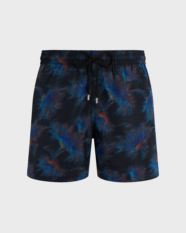 Black silk swim shorts featuring a vibrant blue and red abstract palm leaf pattern, with an elastic waistband and drawstring, available in size XXXL.