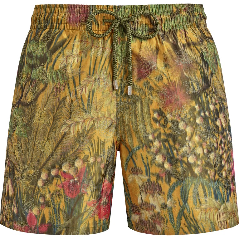 Green silk swim shorts featuring a vibrant floral design, elastic waistband with a drawstring, and a relaxed fit, part of the Vilebrequin X Maison Bucol collaboration, size L.