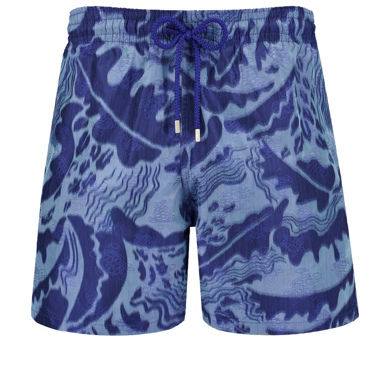Blue silk swim shorts featuring a wavy pattern, elastic waistband with a drawstring, and a relaxed fit, designed by Vilebrequin in collaboration with Maison Bucol, size S.