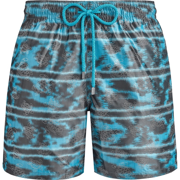 Men's silk swim shorts in blue with zebra stripes, featuring an elastic waistband and drawstring, part of the Vilebrequin X Maison Bucol collection, size M.