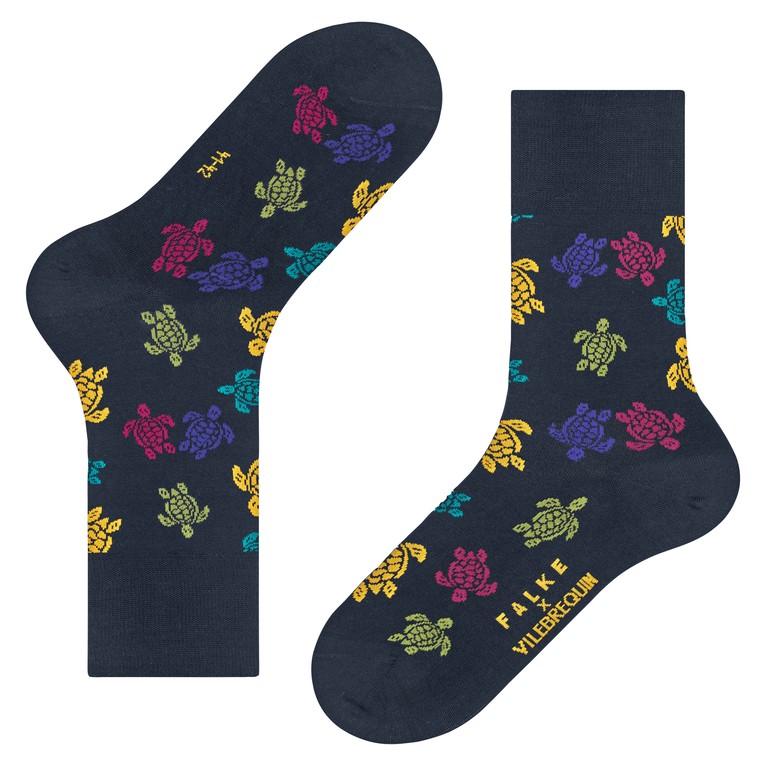 Navy blue socks featuring colorful turtle patterns in pink, yellow, green, and purple, made from a soft material, size 39-40, by Vilebrequin X Falke.