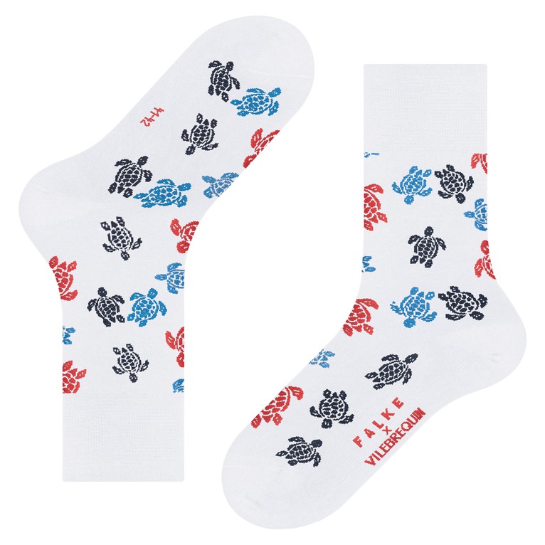 White socks featuring multicolored turtle patterns in red and blue, designed by Vilebrequin in collaboration with Falke, available in size 41-42.