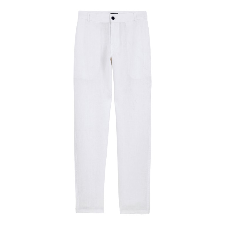 White straight linen pants by Vilebrequin, featuring a classic cut, front button closure, and two side pockets, designed for men in size M.